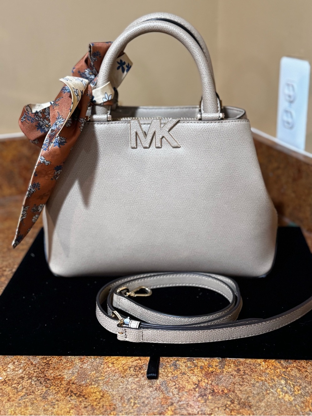 Michael Kors Florence Medium Satchel MK Logo Pebbled Leather Handbag like new